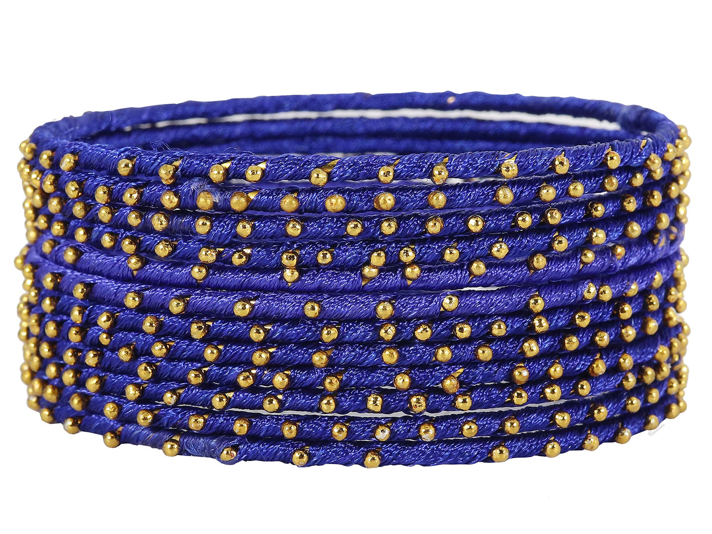 Blue Silk Thread Ball Stone Linked Glossy Bangle Set for Women & Girls | Pack of 12
