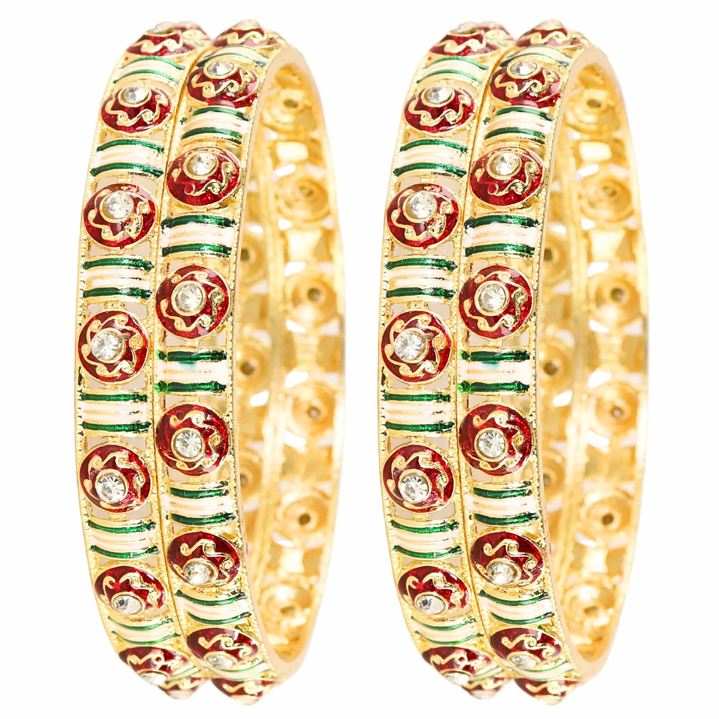 Golden Metal Kada Bangles with Red & Green Enamel Floral Design – Pack of 4