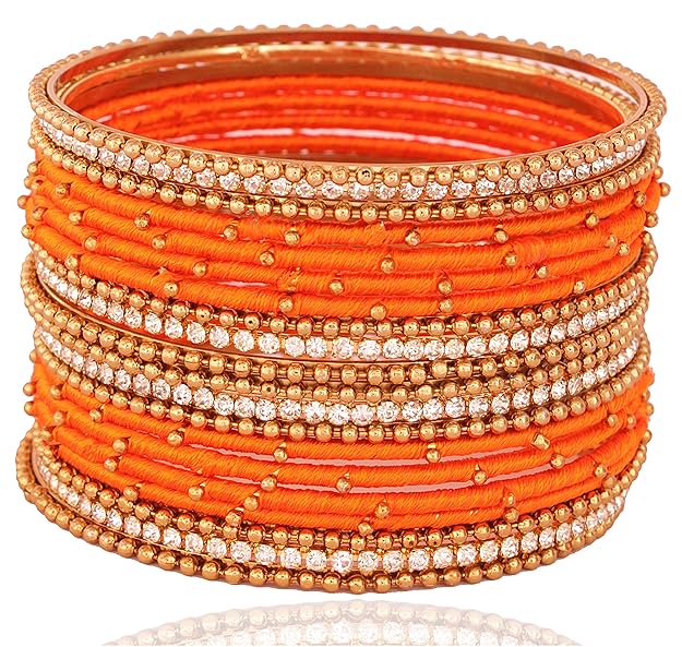 Orange Silk Thread Zircon Studded Bangle Set with Ball Chain – Glossy Finish for Women and Girls