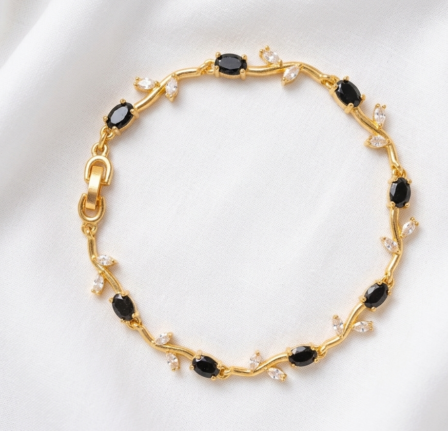 Elegant Gold-Toned Bracelet with Black Stone Stylish Designer Chain Bracelet for Daily & Party Wear