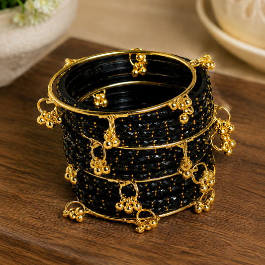 Trendy Glass Bangles With Gold Ghunghroo Set - Set Of 16