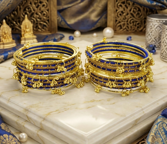 Traditional Royal Blue Silk Thread Bangles Set of 32 | Kashmiri Goti Metal Kangan for-Set of 32