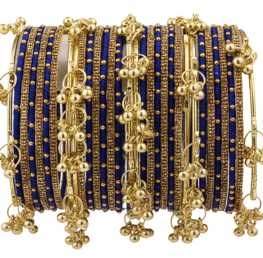 Traditional Royal Blue Silk Thread Kashmiri Goti Metal Kangan for-Set of 32