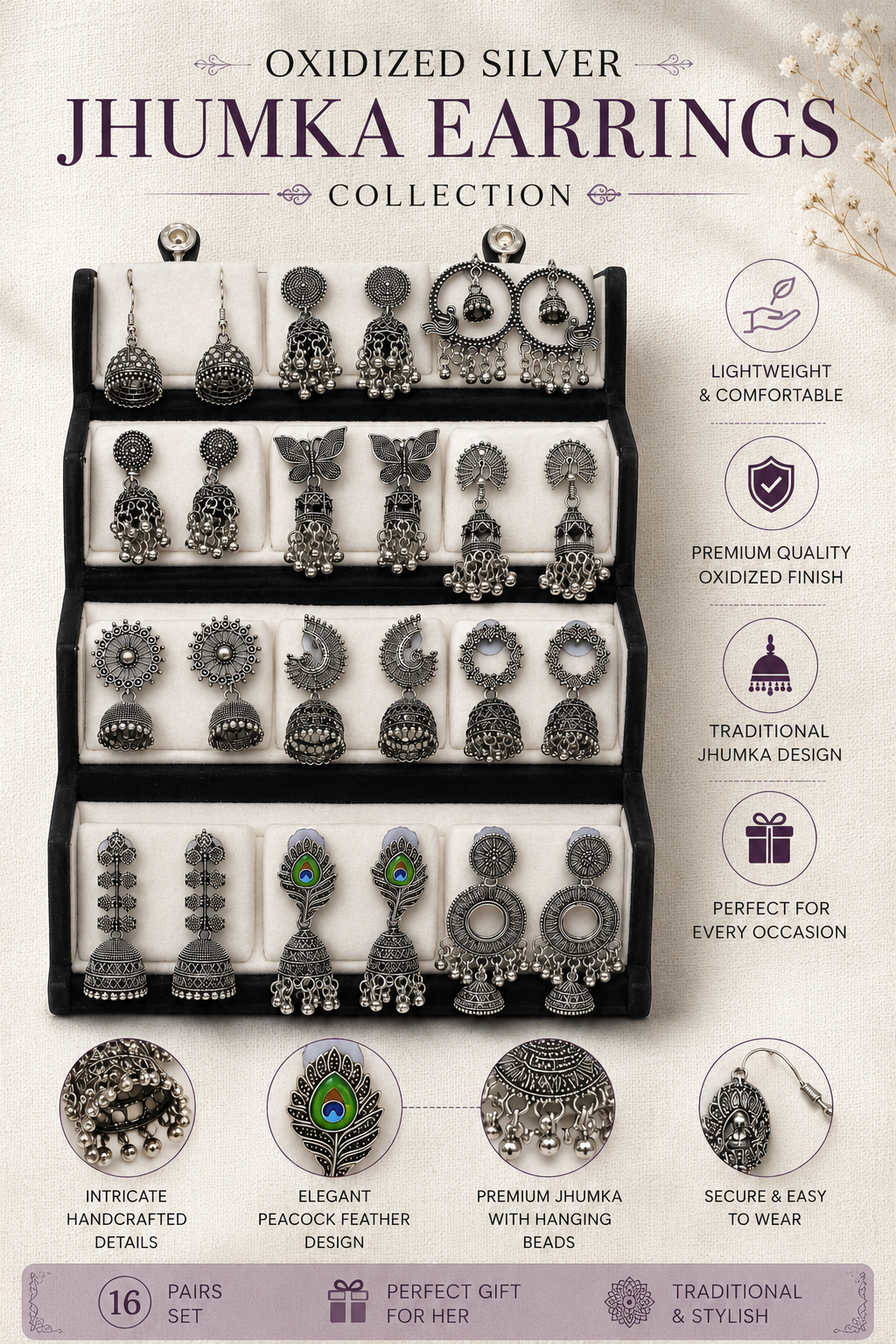 Korean Zircon Silver Plated Jhumka Earrings Combo Set- Pack of 12