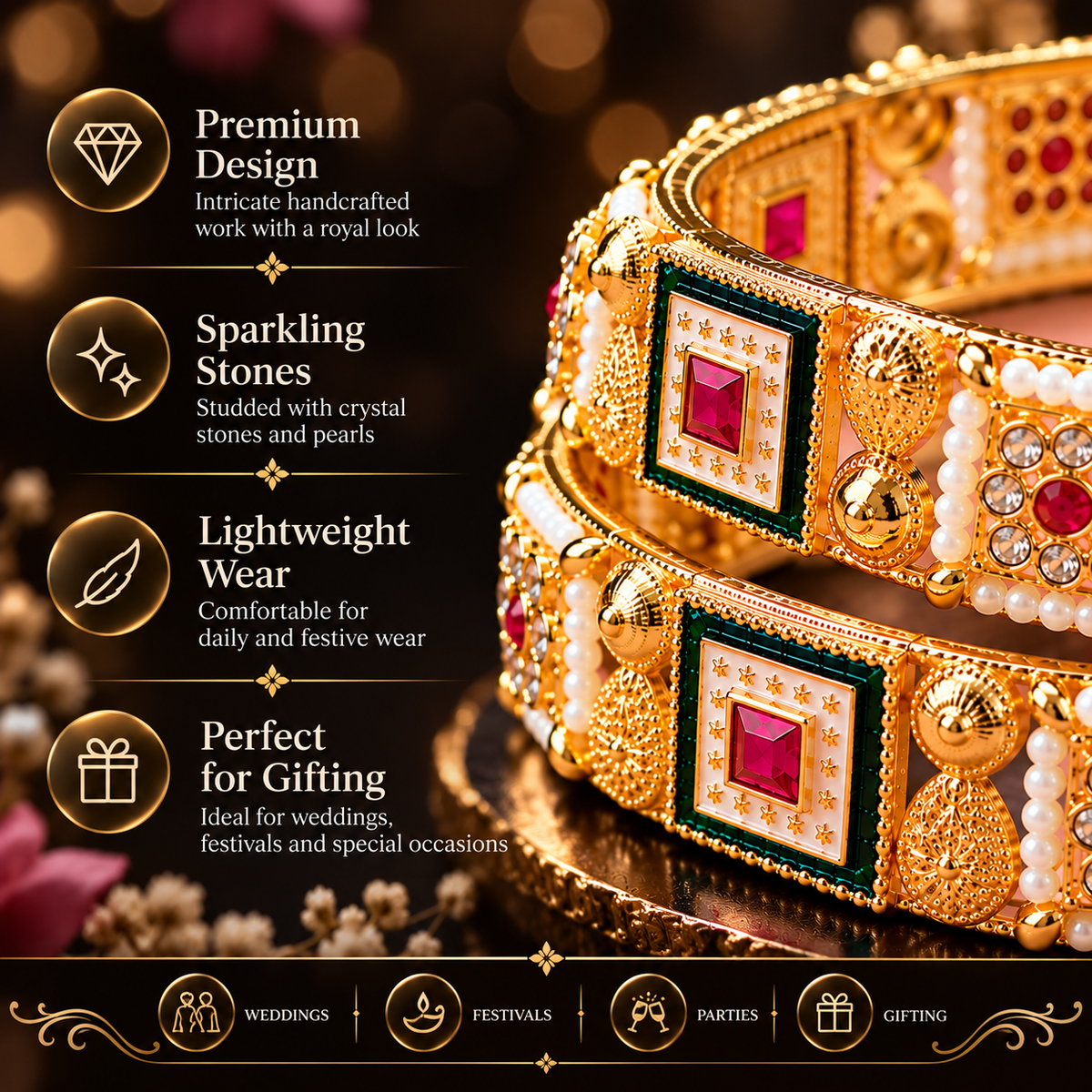 Premium Gold Plated Kundan Work Pearl Detailing Kada Set - Set of 2