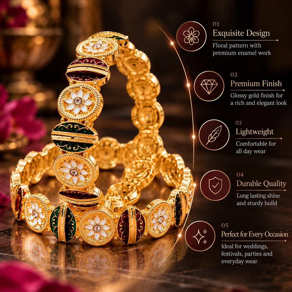 Traditional Gold Plated & Multi Designer Kada Set - Set Of 2
