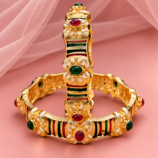 Designer Gold Plated & Multi Stone Traditional Kundan Kada Set - Set Of 2