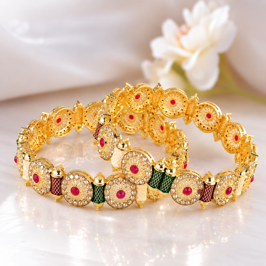 GoldMulti Plated Designer Kundan Work Kada - Set Of 2