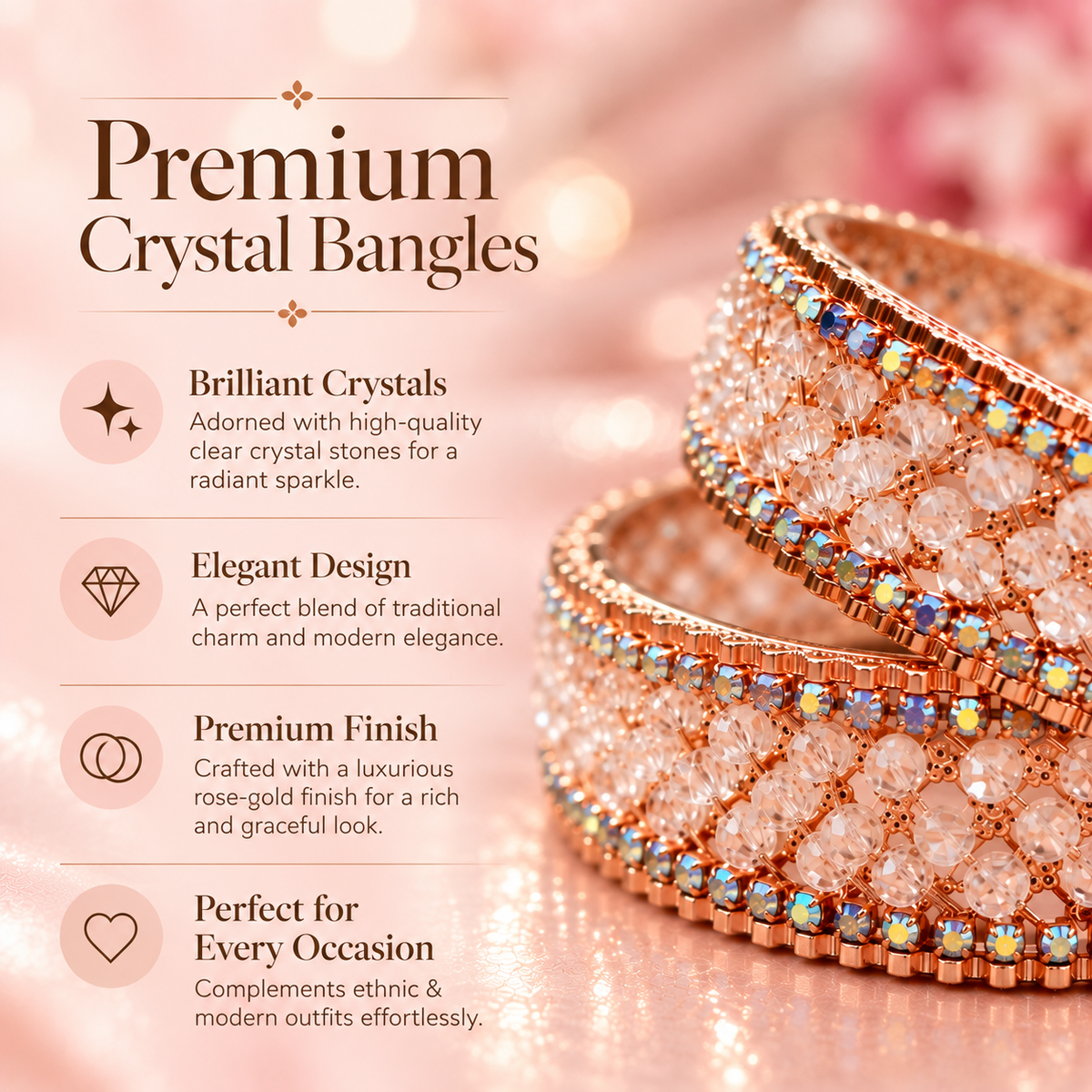 Rose-Gold Plated Premium Crystal Beaded Designer Kada Set - Set Of 2