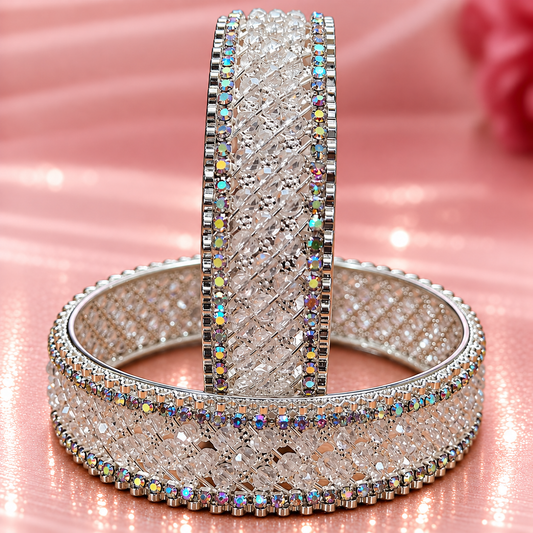 Silver Plated Premium Crystal Beaded Designer Kada Set - Set Of 2
