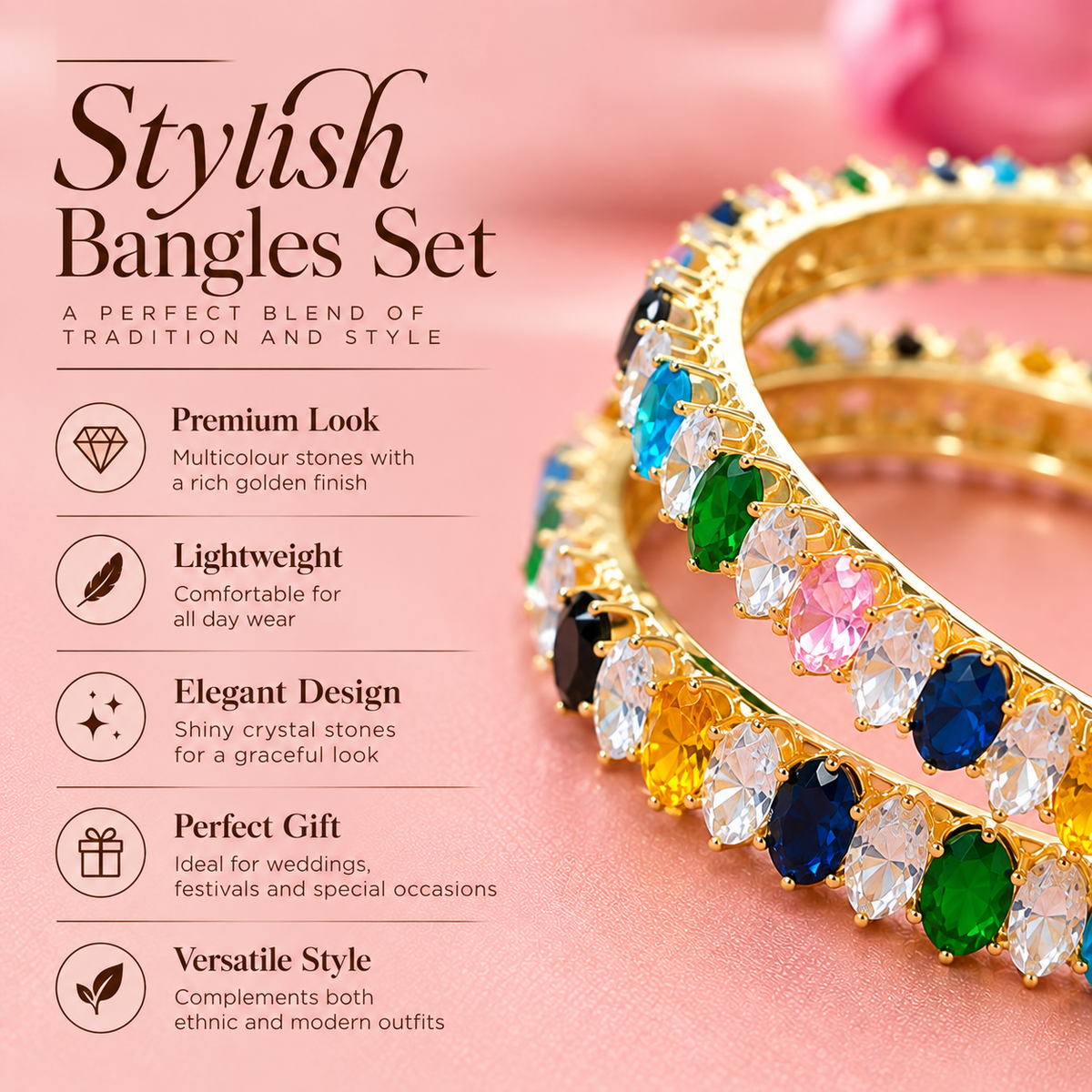 Premium Gold Plated Multicolour Crystal Stone Bangles Set -Set Of 2