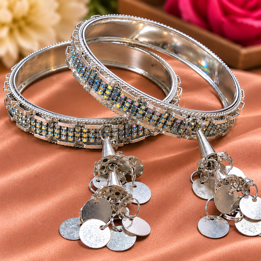 Silver-Plated Multicolor Stone Latkan Kada Bangles - Set of 2