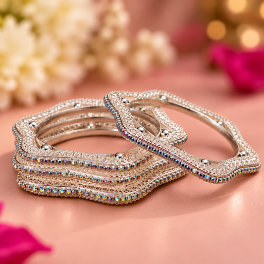 Silver Filigree Geometric Kada Bangles - Set Of 4
