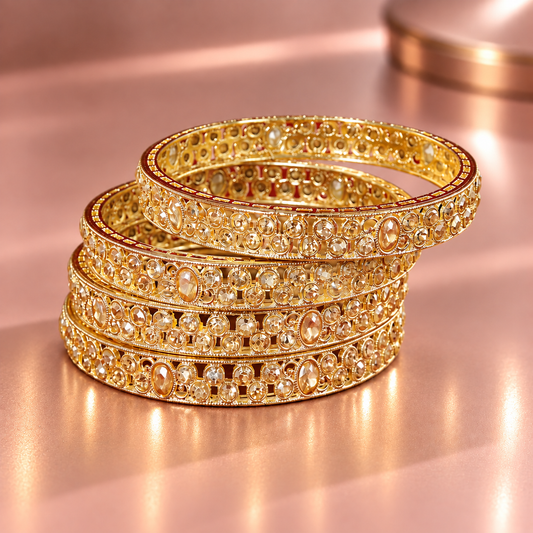 Golden-American Diamond Studded Kundan Bangles - Set of 4