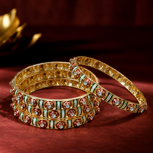 Golden Metal Kada Bangles with Red & Green Enamel Floral Design – Pack of 4