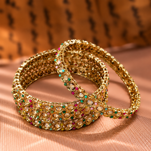 Golden & American Diamond Designer Bangles Set - Set Of 4