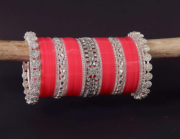 Peach & Silver Bridal Chuda with Zircon Detailing Set of 2
