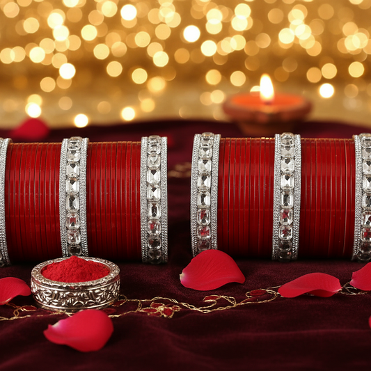 Red Bridal Chuda with Silver Stone Borders – Traditional & Elegant Set of 2