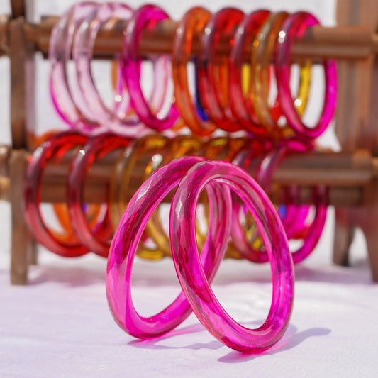 Glass Bangles Set of 2 Transparent Hot pink Crystal Cut Daily Wear
