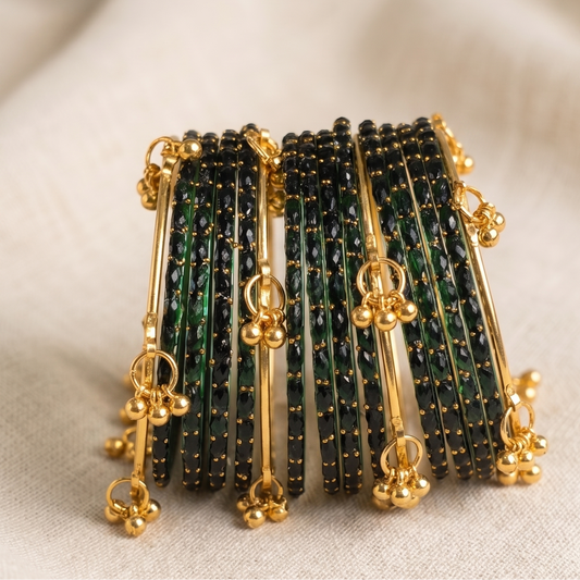 Trendy Glass Bangles With Gold Ghunghroo Set - Set Of 16