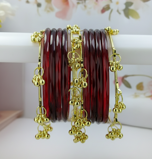 Stylish Maroon Ghungroo Bangles Set Gold-Toned Alloy with Traditional Latkan Design | Festive & Wedding Wear (Set of 12)