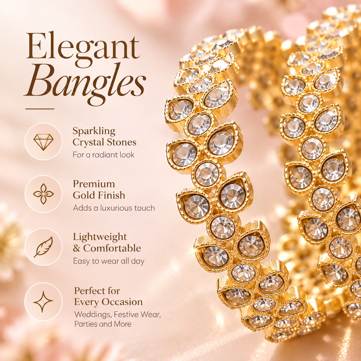 Gold Plated Designer Bangles Set With Crystal Stones - Set Of 4