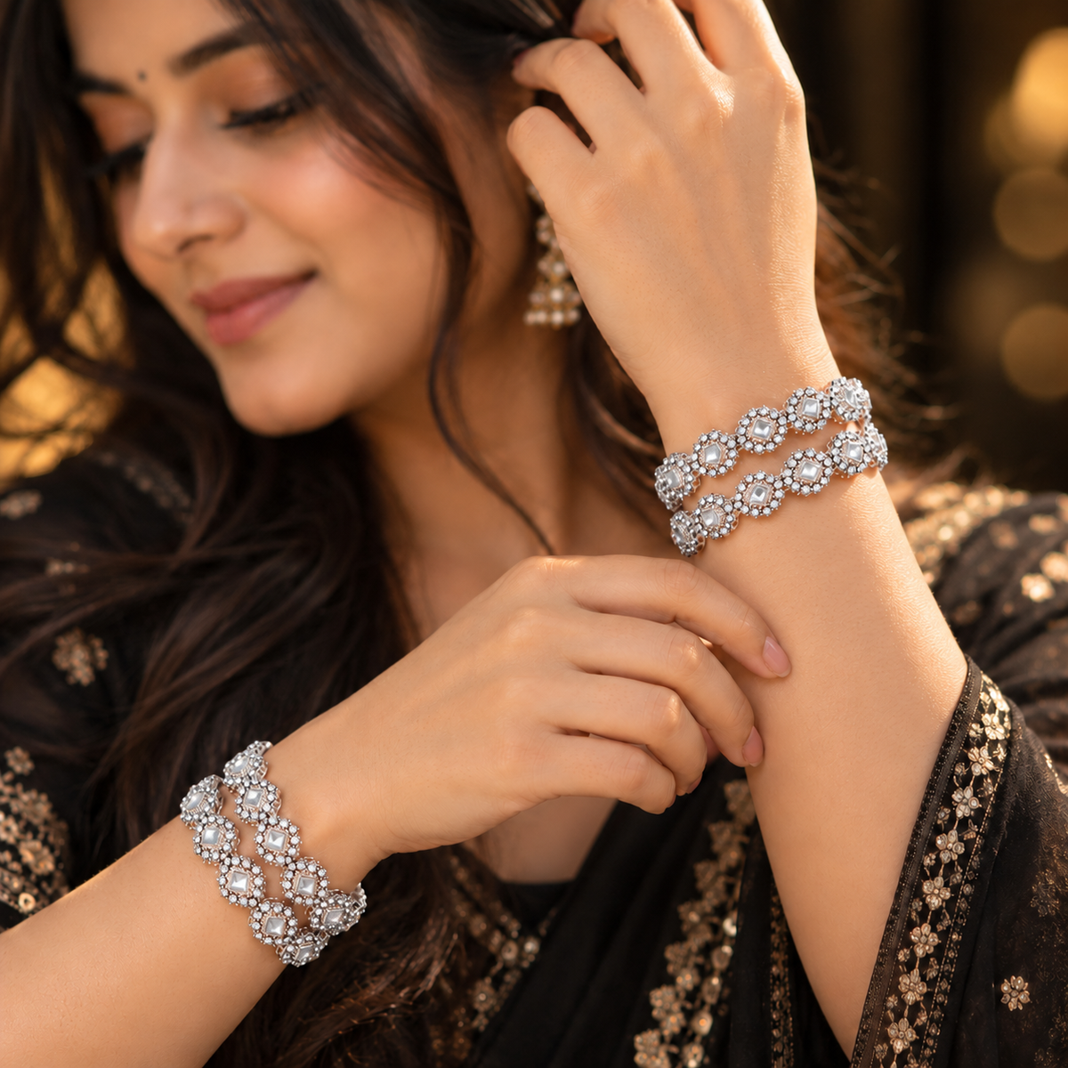Royal Silver Designer Bangle Set With Stylish Pattern & Crystal Stones - Set Of 4