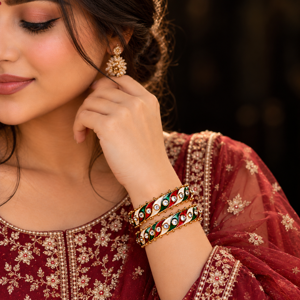 Gold Plated, Red-Green Design & White Stone Studded Bangles Set - Set Of 2