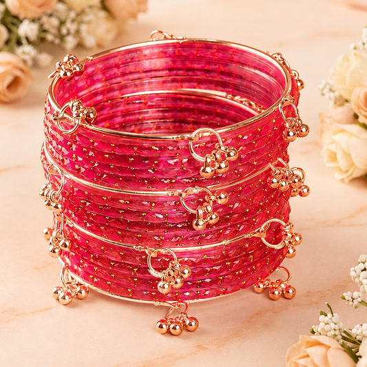 Trendy Glass Bangles With RoseGold Ghunghroo Set - Set Of 16