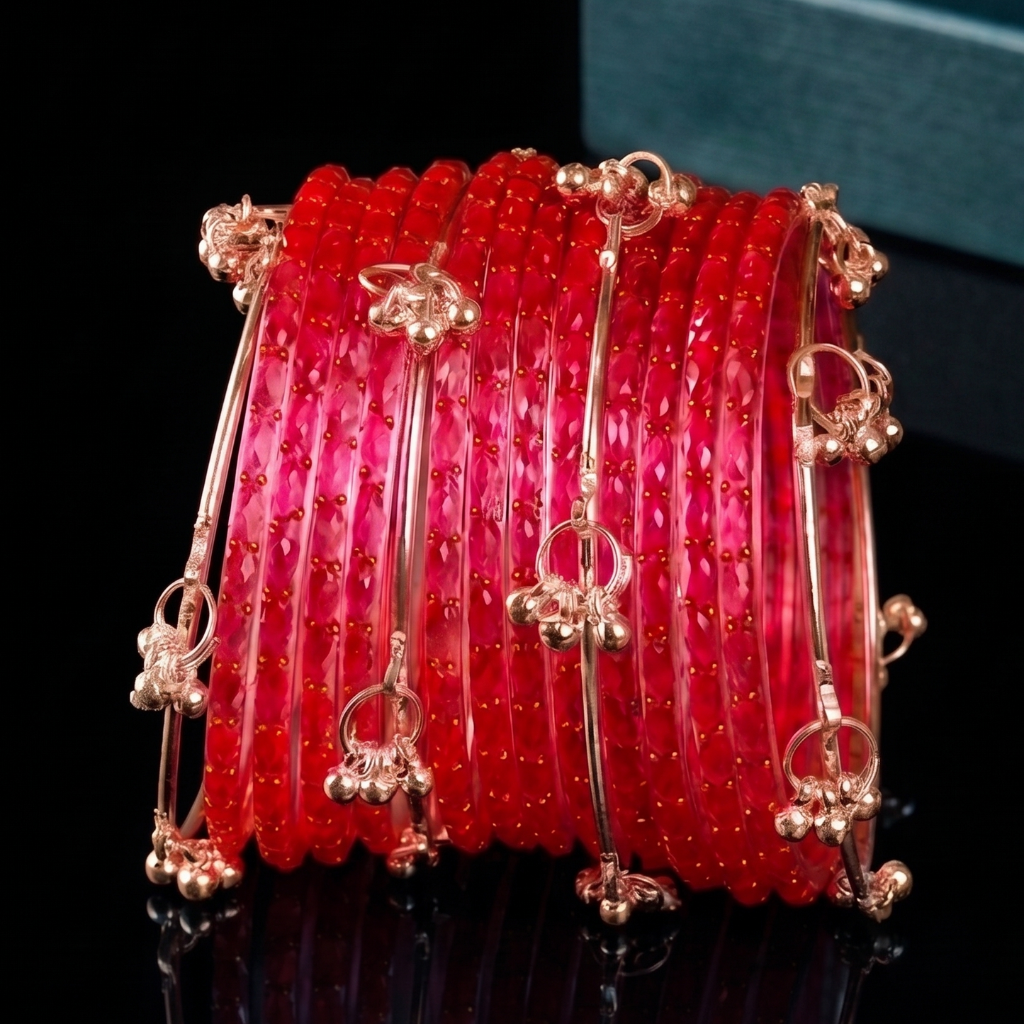 Trendy Glass Bangles With RoseGold Ghunghroo Set - Set Of 16