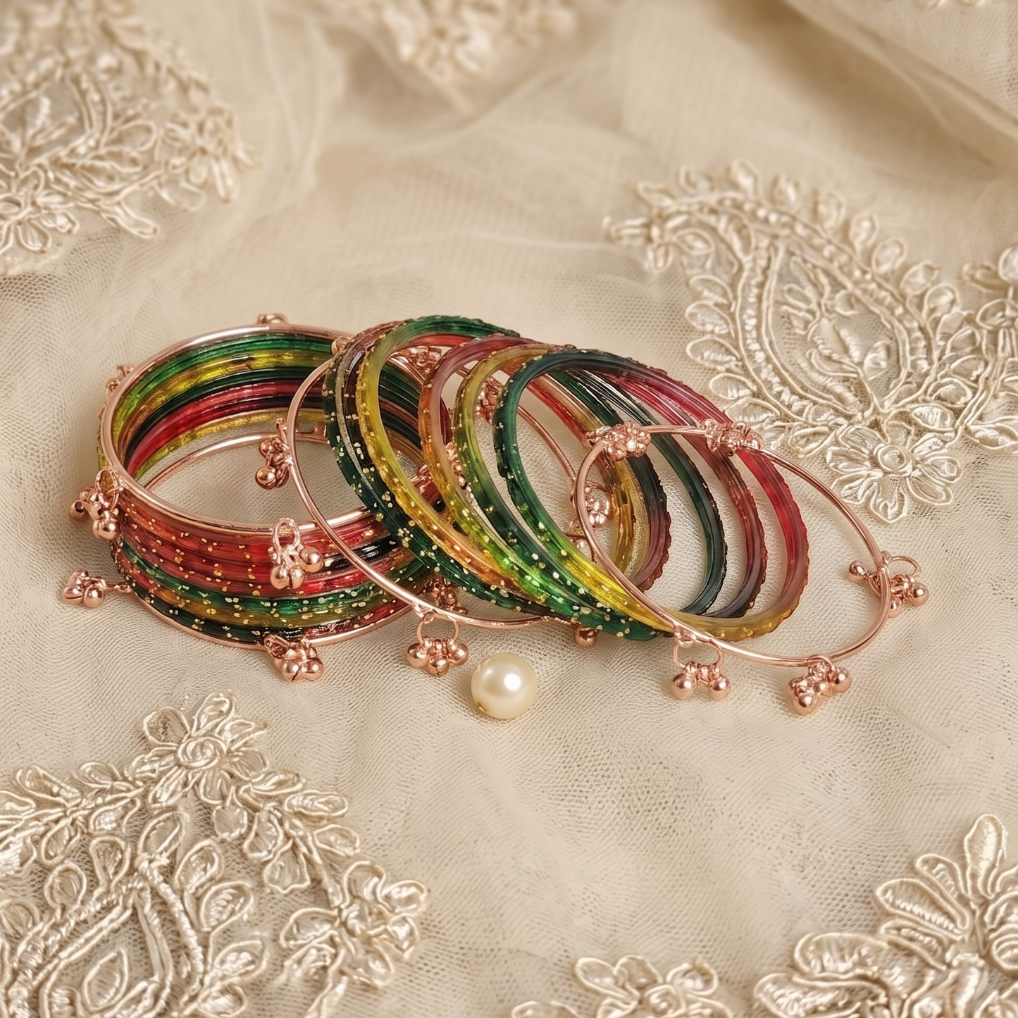 Trendy Glass Bangles With RoseGold Ghunghroo Set - Set Of 16