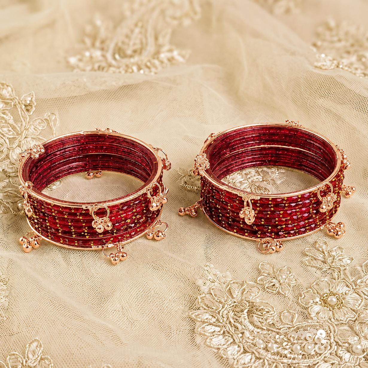 Trendy Glass Bangles With RoseGold Ghunghroo Set - Set Of 16