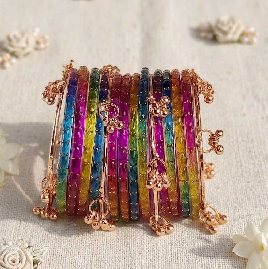 Trendy Glass Bangles With RoseGold Ghunghroo Set - Set Of 16