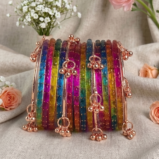 Trendy Glass Bangles With RoseGold Ghunghroo Set - Set Of 16