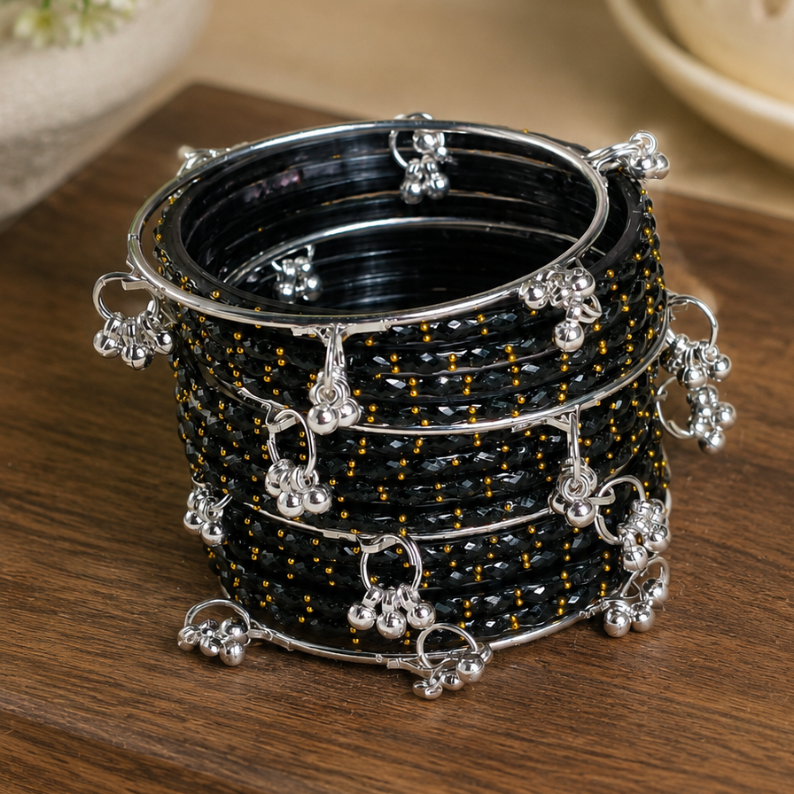 Trending Glass Bangle With Silver Ghunghroo Set For Women & Girls - Set Of 16