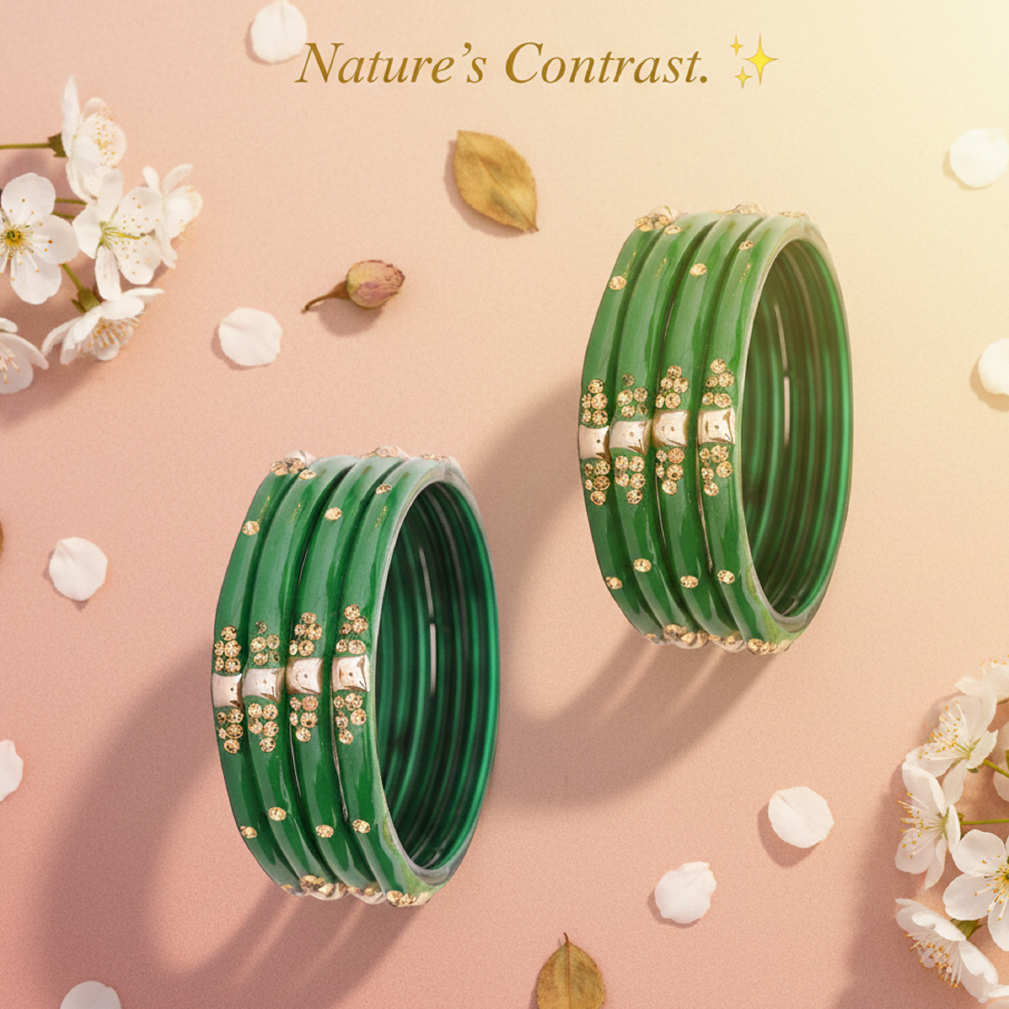 Set of 8 Green Glossy Bangles with Golden Floral Detailing