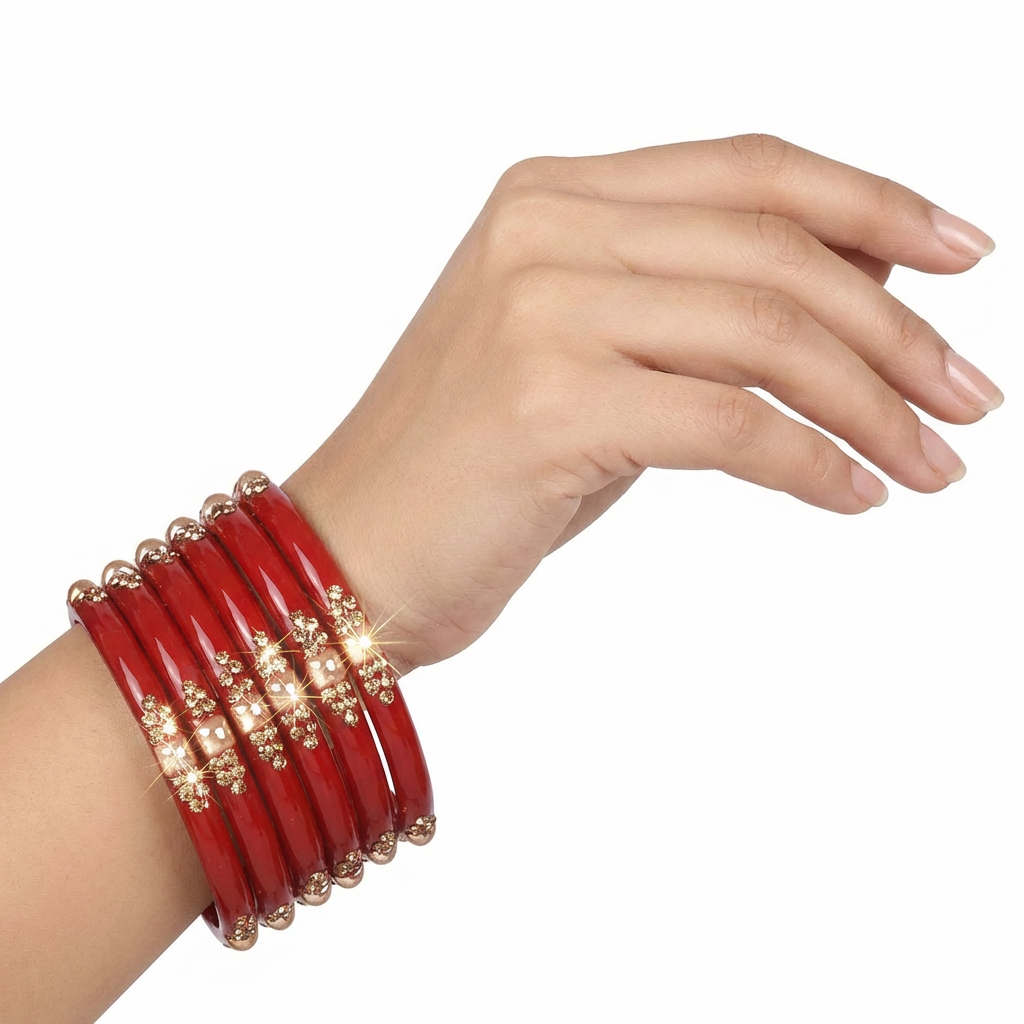 Set of 8 Red Glossy Bangles with Golden Floral Detailing