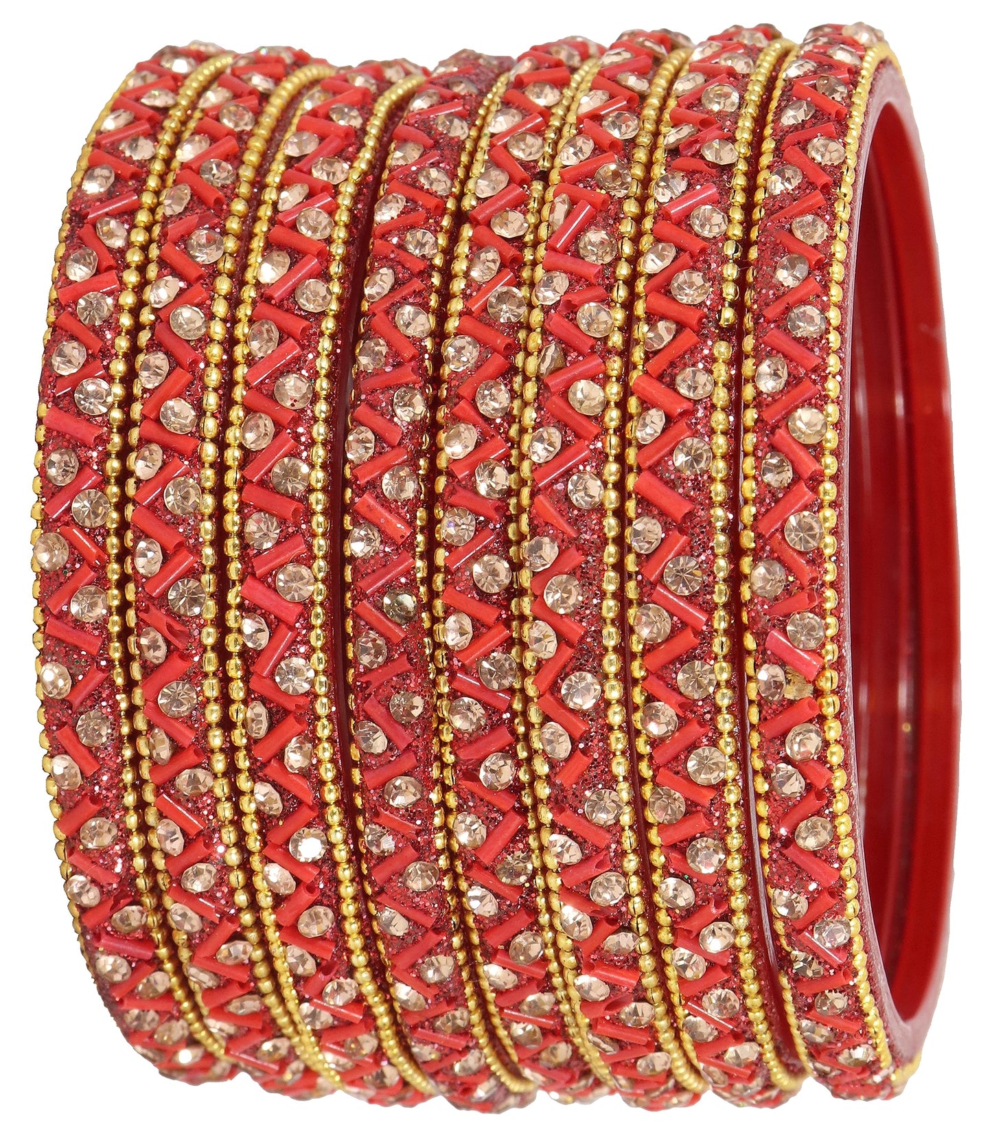 Red Nalki Lehar Bangles with Beads & Gemstones – Pack of 8