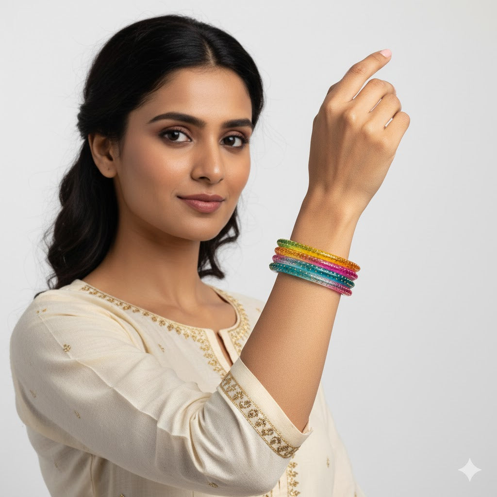 Rainbow Bright Clear Glass Bangles with Golden Dots (Set of 4)