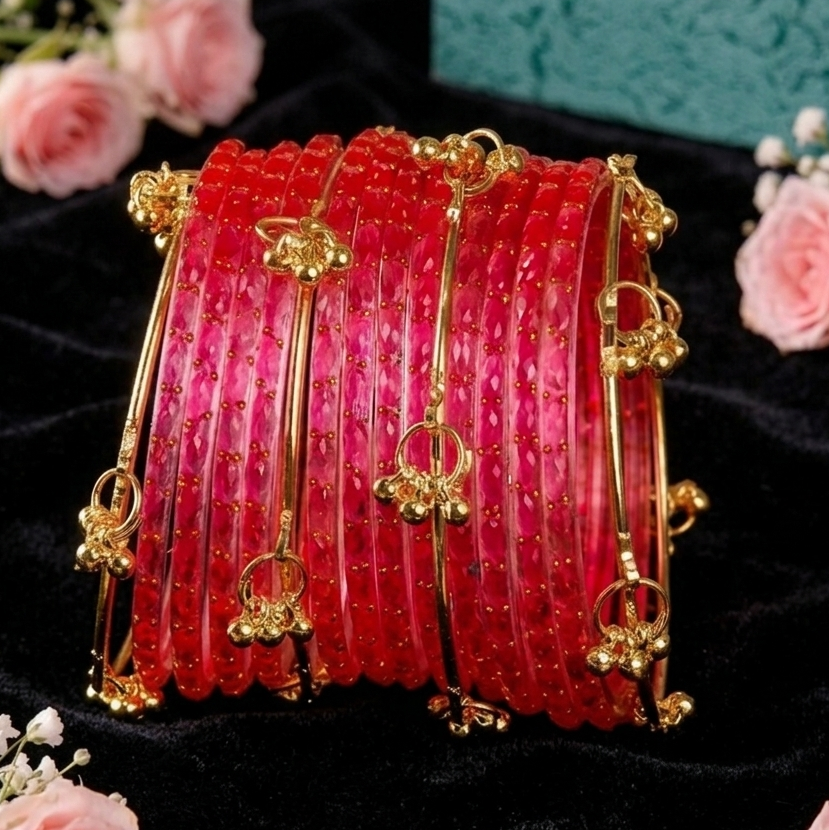 Trendy Glass Bangles With Gold Ghunghroo Set - Set Of 16