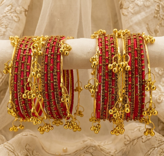 Traditional Gajri Silk Thread Bangles Set of 32 | Kashmiri Goti Metal Kangan for-Set of 32