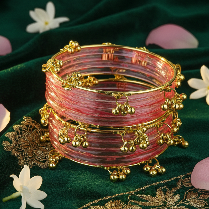 Trendy Watermelon Ghungroo Bangles Set Gold-Toned Alloy with Elegant Latkan Design | Festive & Wedding Wear (Set of 12)