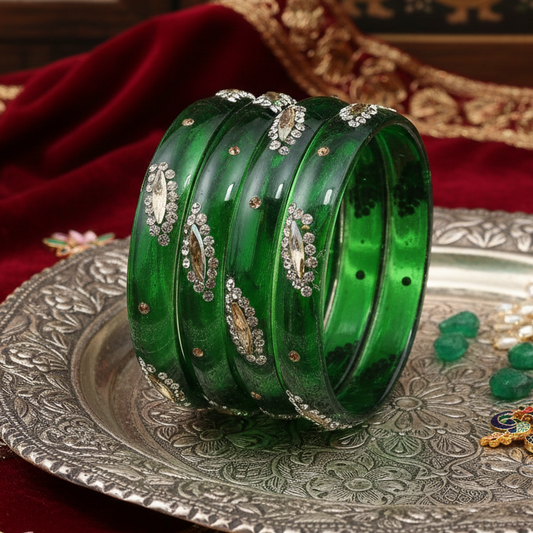 Green Glass with Zircon Gemstone Studded Kada Bangles Set For Girls and Women| (Pack of 8)