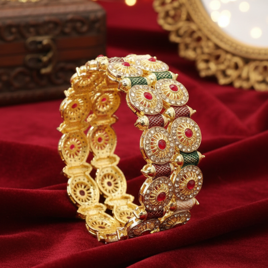 Royal Golden Metal Bangles Set For Women & Girls with Zircon Diamond Stone | Traditional Gold Plated Kangan Set-Wedding, Party, Festive- Set of 2