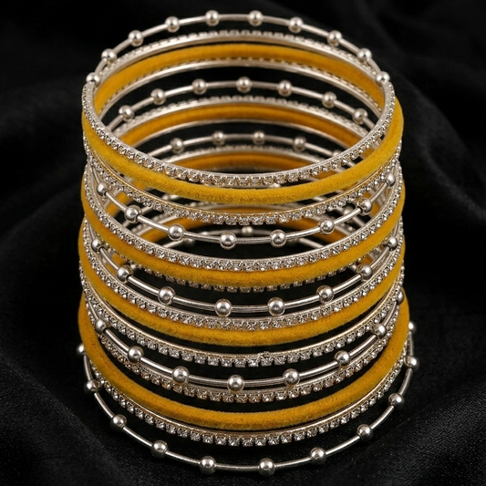 Premium Yellow Velvet & Stone Studded Silver Bangles Set-16