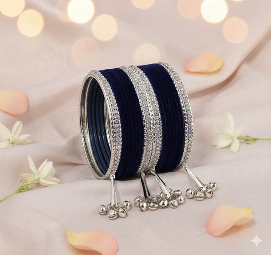 Navy Blue Velvet with Silver Latkan Zircon Metal Bangles Set of 16