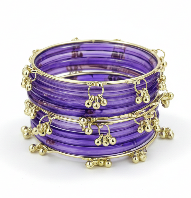 Traditional Lavender Ghungroo Bangles Set Gold-Toned Alloy with Elegant Latkan Design | Festive & Wedding Wear (Set of 12)