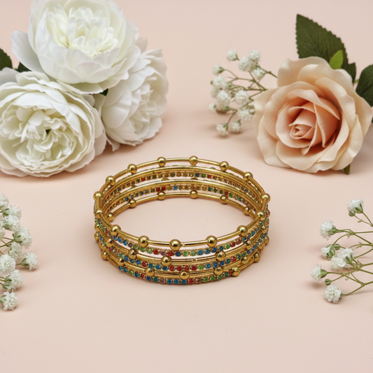 Gold Multi Beaded Zircon Studded Stackable Metal Bangles Set-Pack of 26