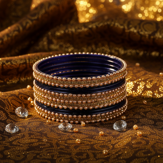 Blue Zircon Studded Ball Chain Linked Bangle Set for Women & Girls