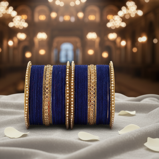 DarkBlue Velvet Bridal Chuda Set – Metal Base with Zircon Diamond-Studded Bangles